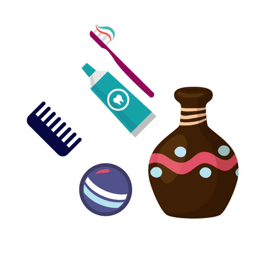 illustration of a multi color ball, brown vessel blue comb and tootpaste and tootbrush with paste on it